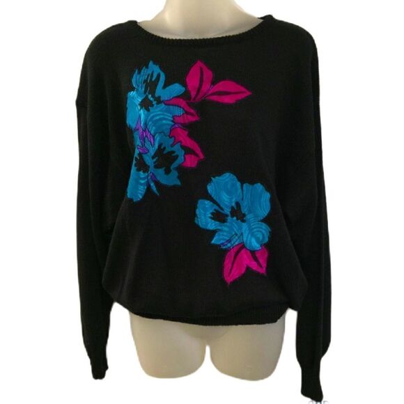 TanJay 80’s Vintage Floral Appliqué L/S Crew Neck Pullover Sweater Women’s Large - Picture 1 of 6